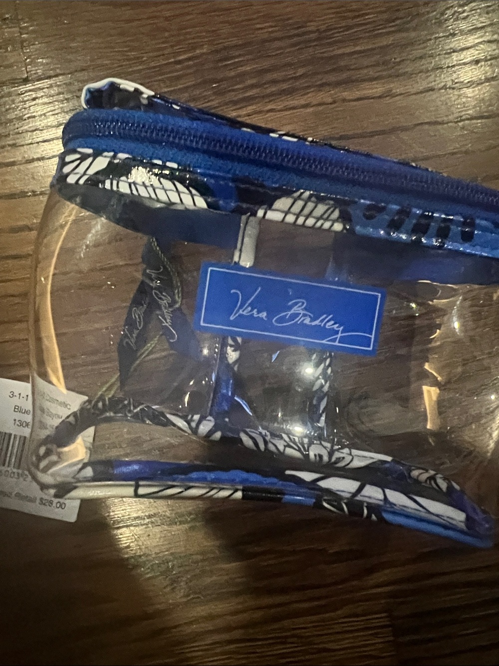Vera Bradley Clear Travel Cosmetic Pouch with Blue Trim and Floral Accents